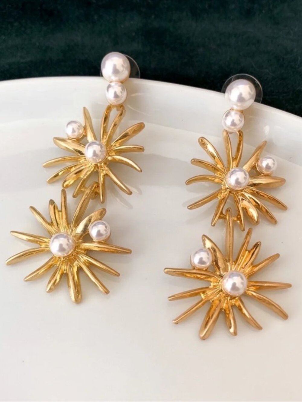 Oscar de la Renta Gold Sunburst Faux Pearl Drop Earrings Statement